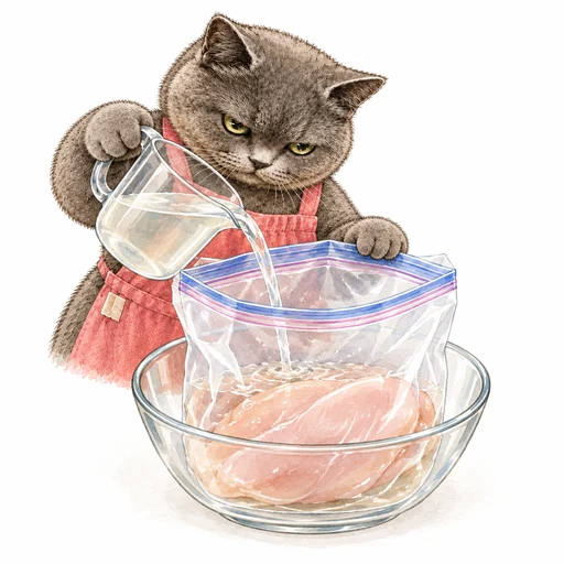 鶏むね肉を入れた保存袋にブライン液を注ぐグレ子