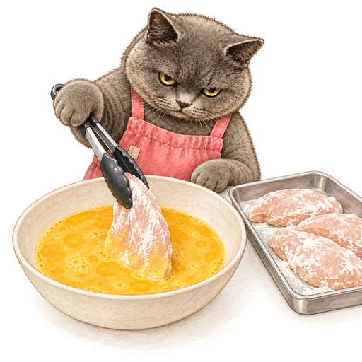 薄力粉をまぶした鶏肉に溶き卵をからめるグレ子