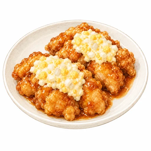 甘酢をからめた鶏むね肉にゆで卵と玉ねぎ入りのタルタルソースをかけたチキン南蛮