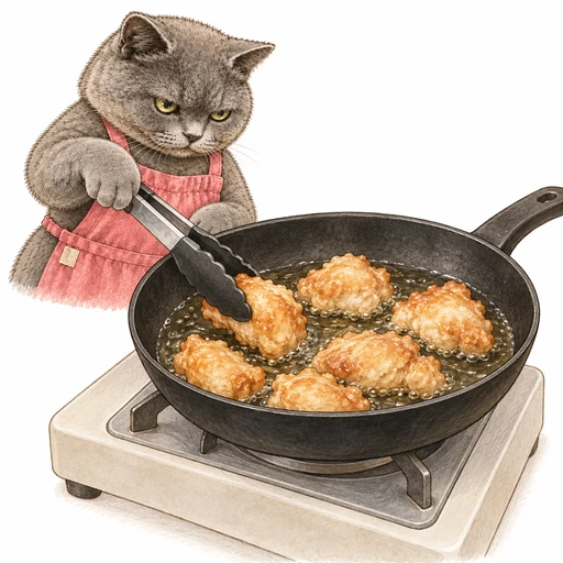 フライパンで衣をつけた鶏肉の両面を揚げ焼きにするグレ子