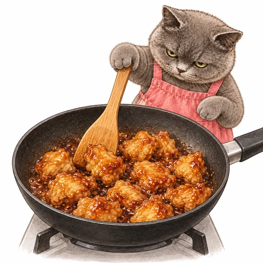 余分な油を除いた鶏肉に甘酢だれをからめるグレ子