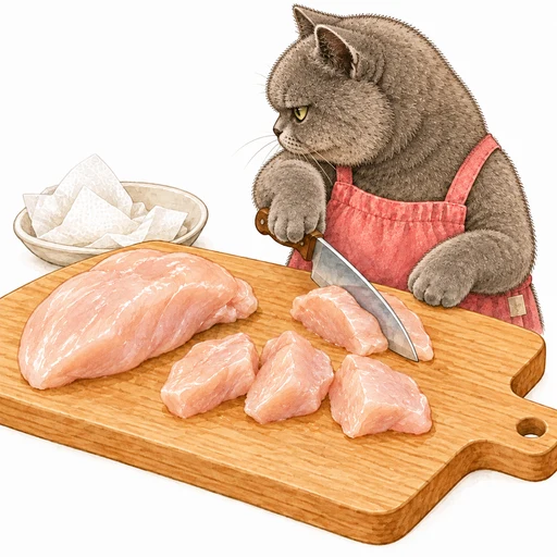 水気を拭いた鶏むね肉を食べやすく切るグレ子