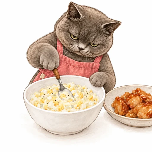 刻んだゆで卵と玉ねぎ入りのタルタルソースを混ぜるグレ子