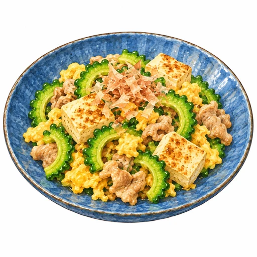 青い器に盛ったゴーヤ、豆腐、豚肉、卵のチャンプルーにかつお節をのせた完成図
