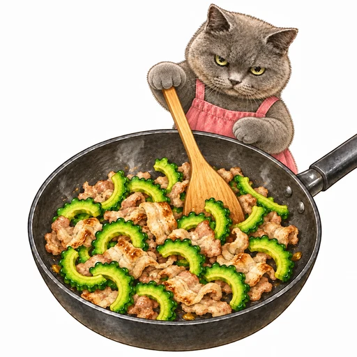 1本の木べらで豚肉とゴーヤを炒める小さなグレ子