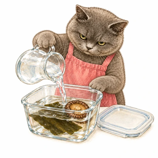 昆布と干ししいたけの天つゆ：前日にだしを取る