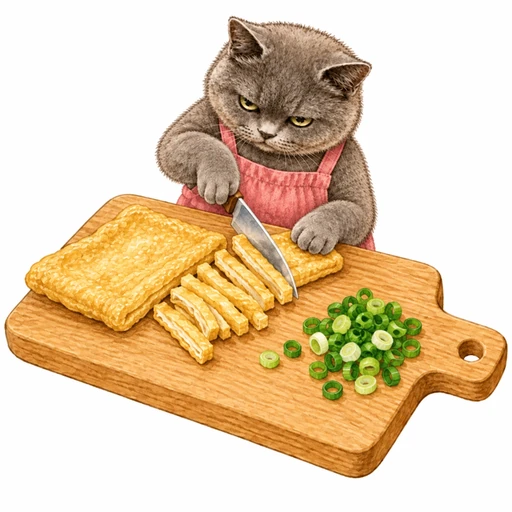 油揚げとねぎとわかめのお味噌汁：具を切る