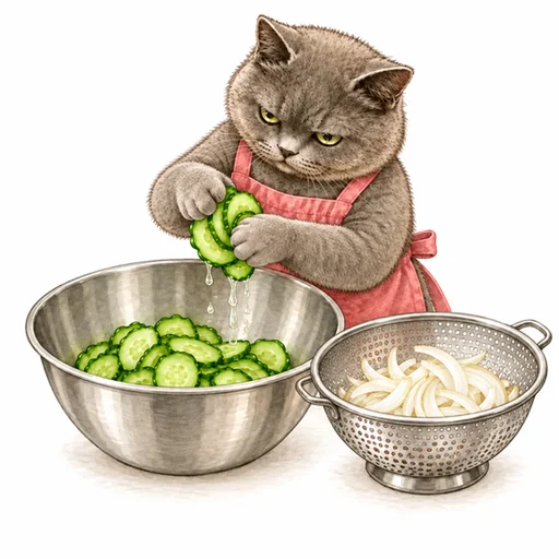 ツナのそうめんサラダ：野菜の水気を切る