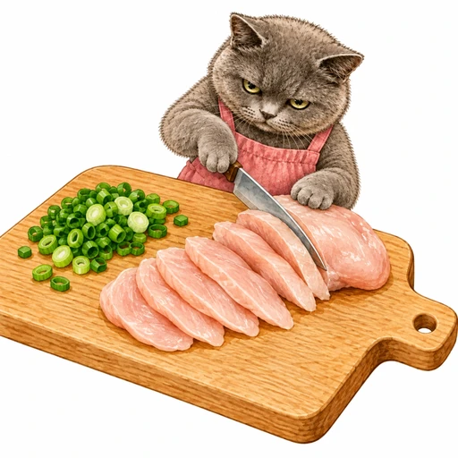 もやしと蒸し鶏のねぎ塩だれ：肉とねぎを切る