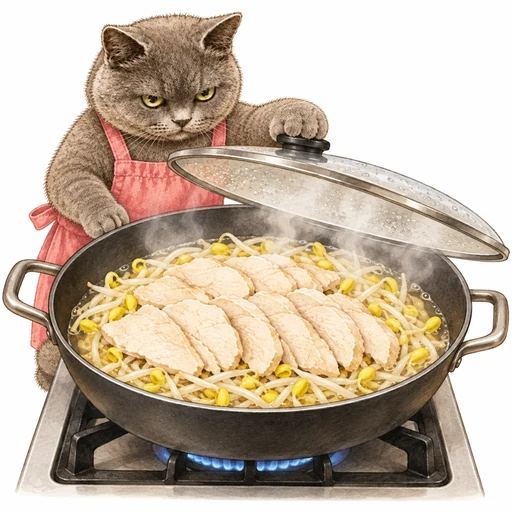 もやしと蒸し鶏のねぎ塩だれ：もやしと重ねて蒸す
