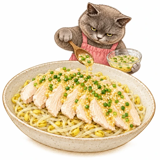 もやしと蒸し鶏のねぎ塩だれ：たれをかける