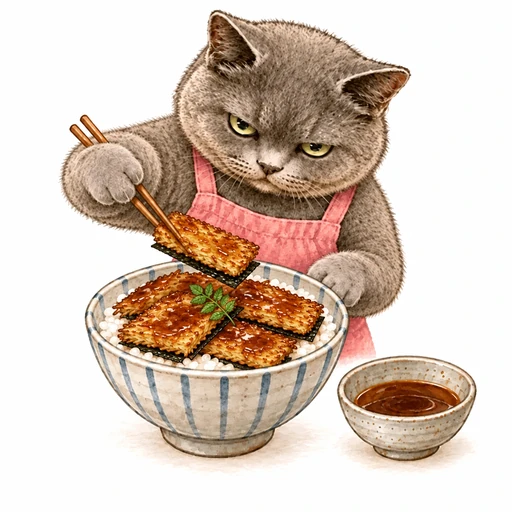 じゃがいもの蒲焼き丼：たれをからめて盛る