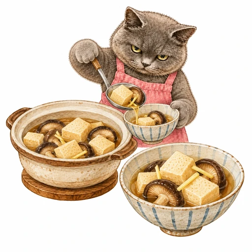 高野豆腐としいたけの煮物：味を含ませる
