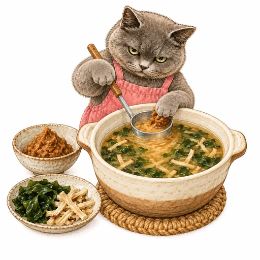 しいたけの軸とわかめの味噌汁：味噌を溶く