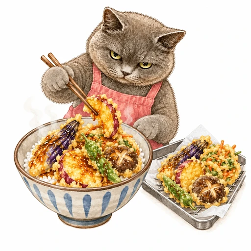残り天ぷらの天丼：たれを絡めて盛る