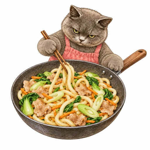 豚肉とチンゲン菜の焼きうどん：麺をほぐして味をつける