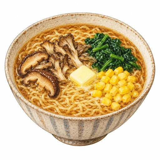 きのこバターのサッポロ一番みそラーメン完成イラスト