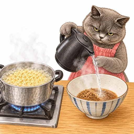 別鍋でゆでた麺を器のスープに合わせるグレ子