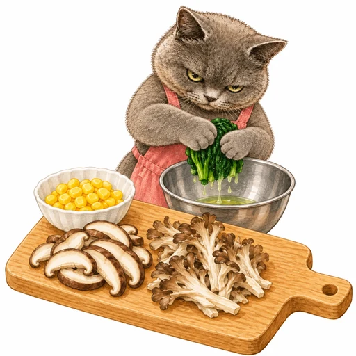ほうれん草などの具材を準備するグレ子