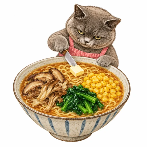 きのこ、ほうれん草、コーンを麺にのせるグレ子