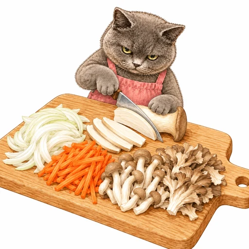玉ねぎ、にんじん、3種類のきのこを切る工程
