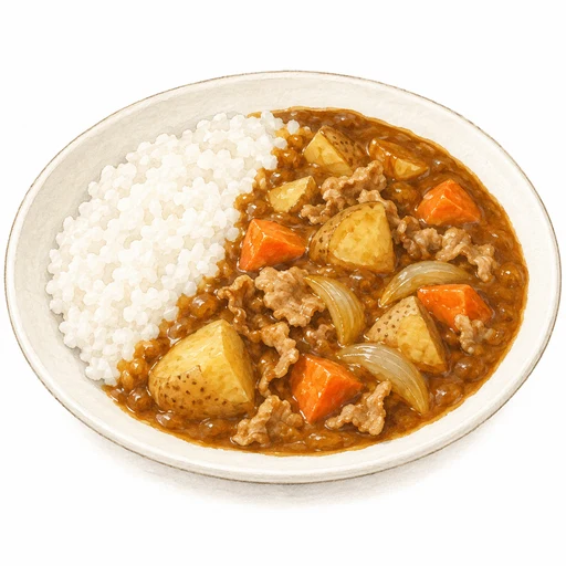 豚肉、じゃがいも、にんじん、玉ねぎの給食風カレーライスの完成図