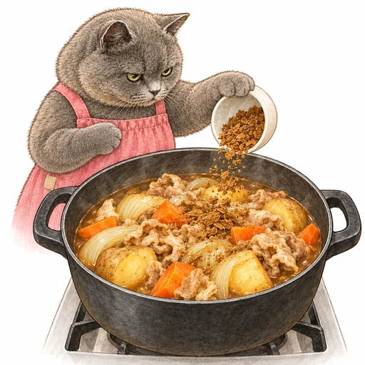 火を止めた鍋にフレーク状のカレールウを加えるグレ子