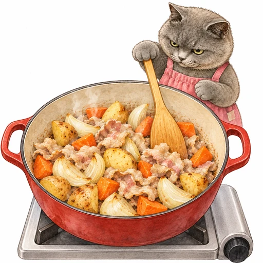 じゃがいも、にんじん、玉ねぎと豚薄切り肉を鍋で炒めるグレ子