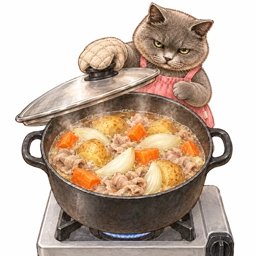 野菜と豚肉を煮る鍋に、ミトンを使ってふたをするグレ子
