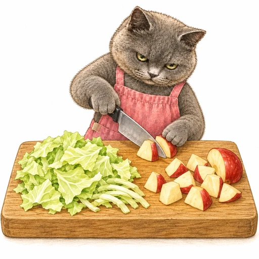 皮付きのりんごを一口大に切るグレ子と、ちぎったキャベツ