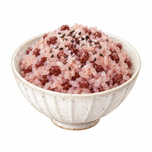 小豆を混ぜて炊いたもち米のお赤飯の完成イラスト