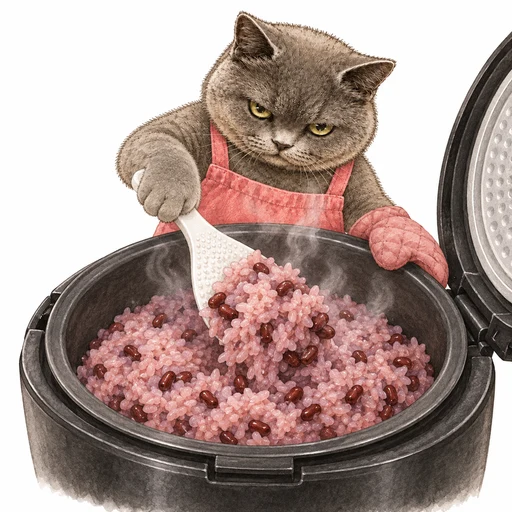 炊き上がったお赤飯を小豆をつぶさず底から混ぜる工程