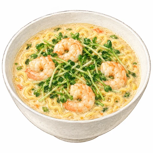 えびと豆苗を合わせたクリーム色の豆乳辛ラーメンの完成図