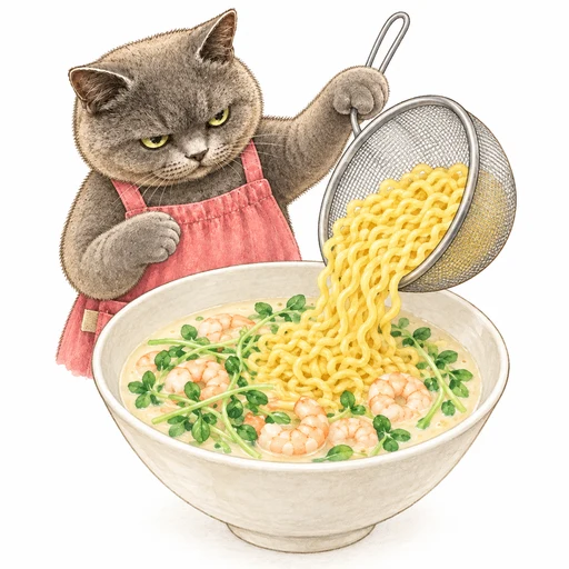 別ゆでして湯を切った麺を、えびと豆苗の豆乳スープに合わせるグレ子