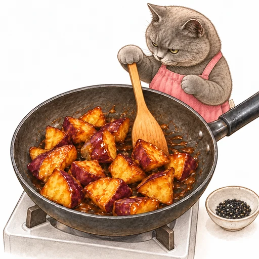 焼いたさつまいもに甘辛だれをからめるグレ子