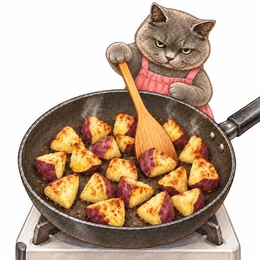 フライパンでさつまいもに焼き色をつけるグレ子
