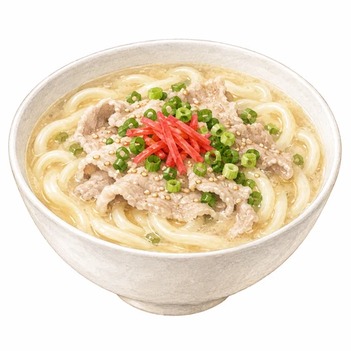 豚肉、うどん、ねぎ、紅しょうが、白ごまを合わせたとんこつ風うどんの完成イラスト