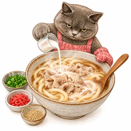 牛乳を混ぜ、ねぎ、紅しょうが、白ごまをのせる工程