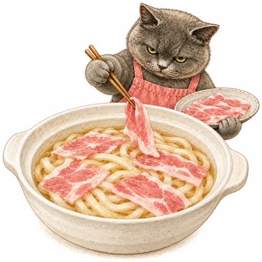 スープに冷蔵のゆでうどんと豚肉を加える工程