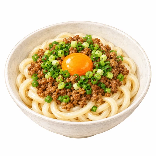 肉みそ、うどん、小ねぎ、卵黄を盛り付けた月見台湾まぜうどんの完成イラスト