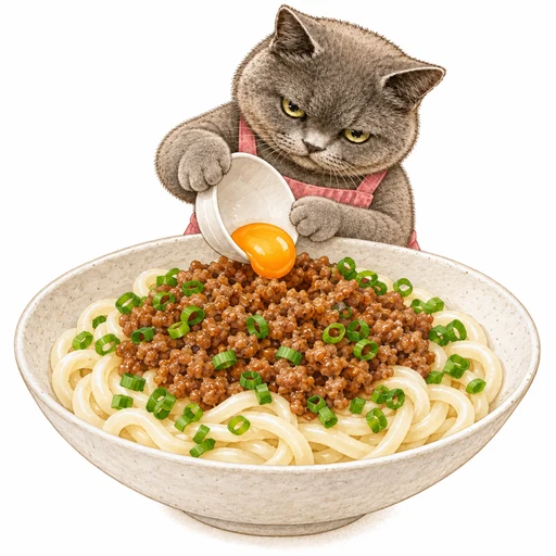 温めたうどんに肉みそと小ねぎ、卵黄を盛る工程