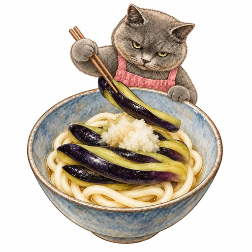 大根おろしをのせたうどんに、皮付きの細長い蒸しなすを菜箸で盛る小さなグレ子