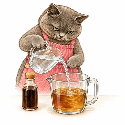 計量カップのめんつゆに冷水を注いで薄めるグレ子