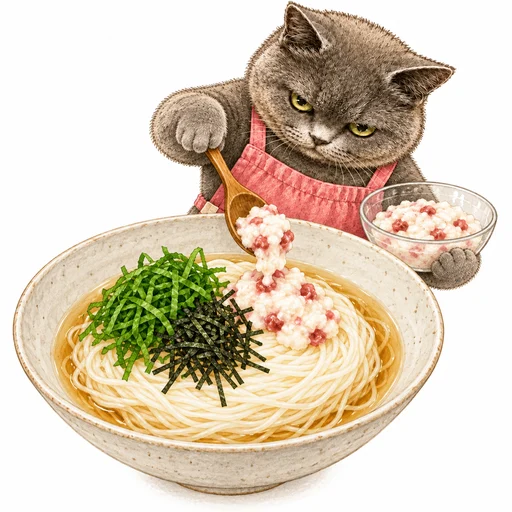 そうめんに梅とろろをのせるグレ子